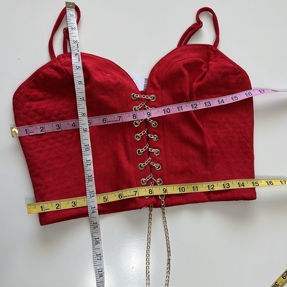 BeBe Josephine Quilted Chain Lace Up Corset Top Goji Berry Faux Suede Size L NWT - Picture 10 of 12